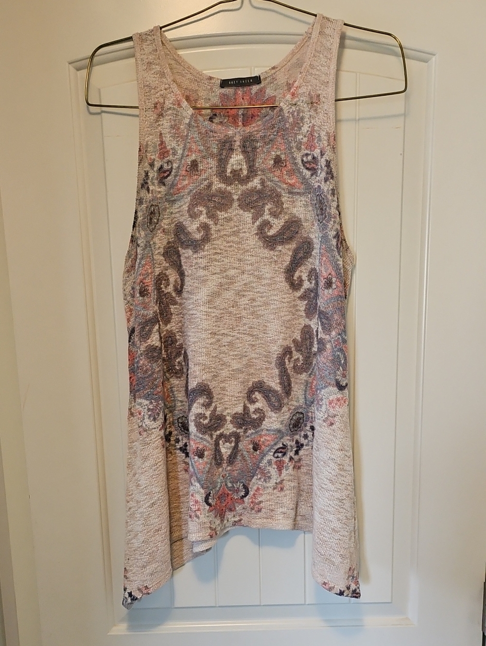 Suzy Shier Cream Knit Tank Top with Multicolor Medallion Print